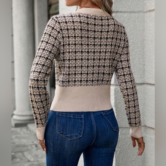 New Chic Plaid Tweed Knit Cardigan Sweater Black Beige Cream Tan - Picture 5 of 8